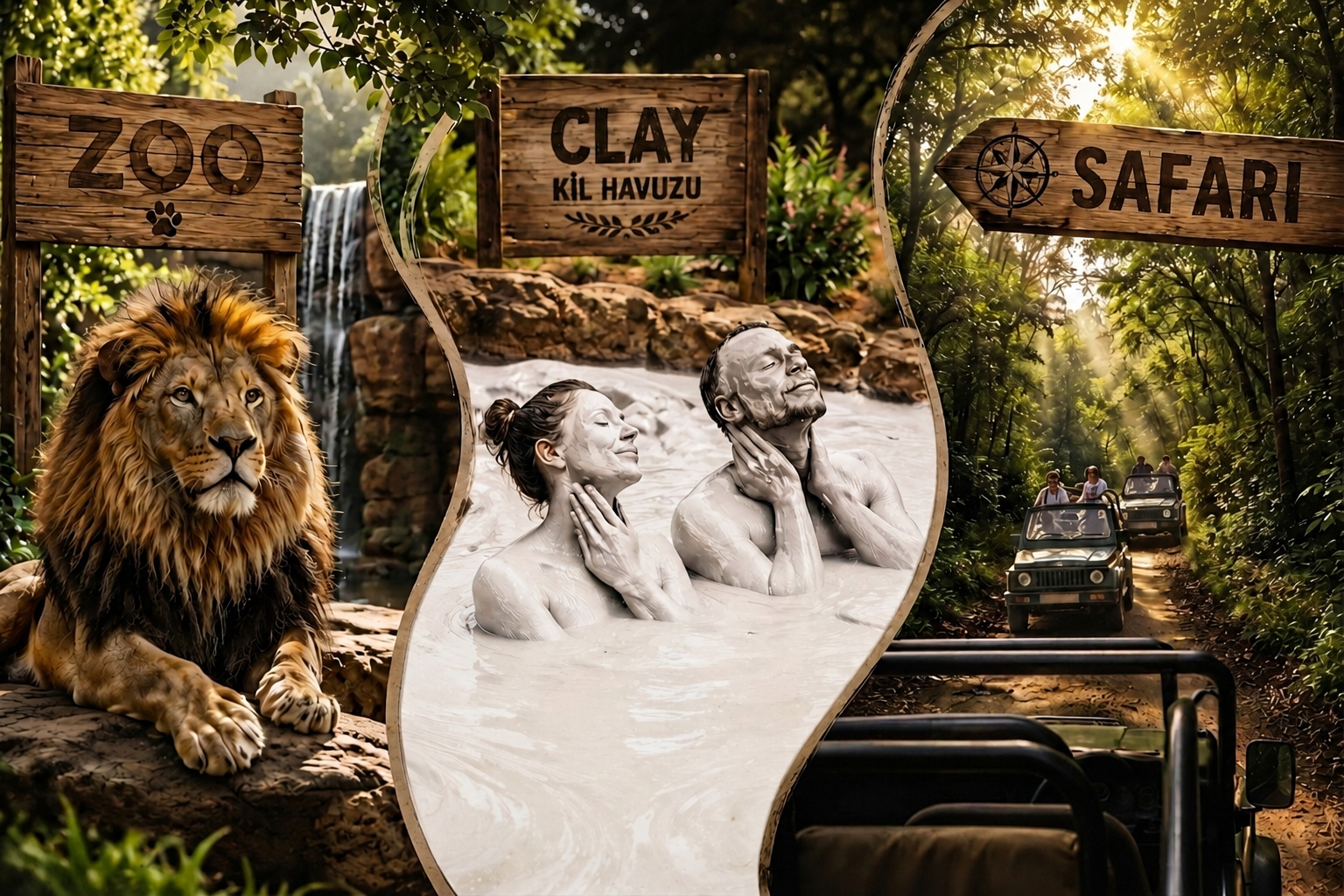 Land of Lions Hayvanat Bahçesi girişi, aslan, kil havuzu ve safari rotası